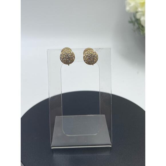 Swarovski Signed Swan Domed Button 18k Gold Plated Crystal Pave Clip On Earrings - Picture 2 of 15